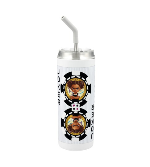 Hokkyoku Arashi™ 20 oz stainless steel tumbler with straw, front view featuring Hokkyoku Arashi™ SHENANIGANS' Black Joker direct UV print on powder coat finish. Copyright ©2026. Hokkyoku Arashi™ — All Rights Reserved. HokkyokuArashi.com