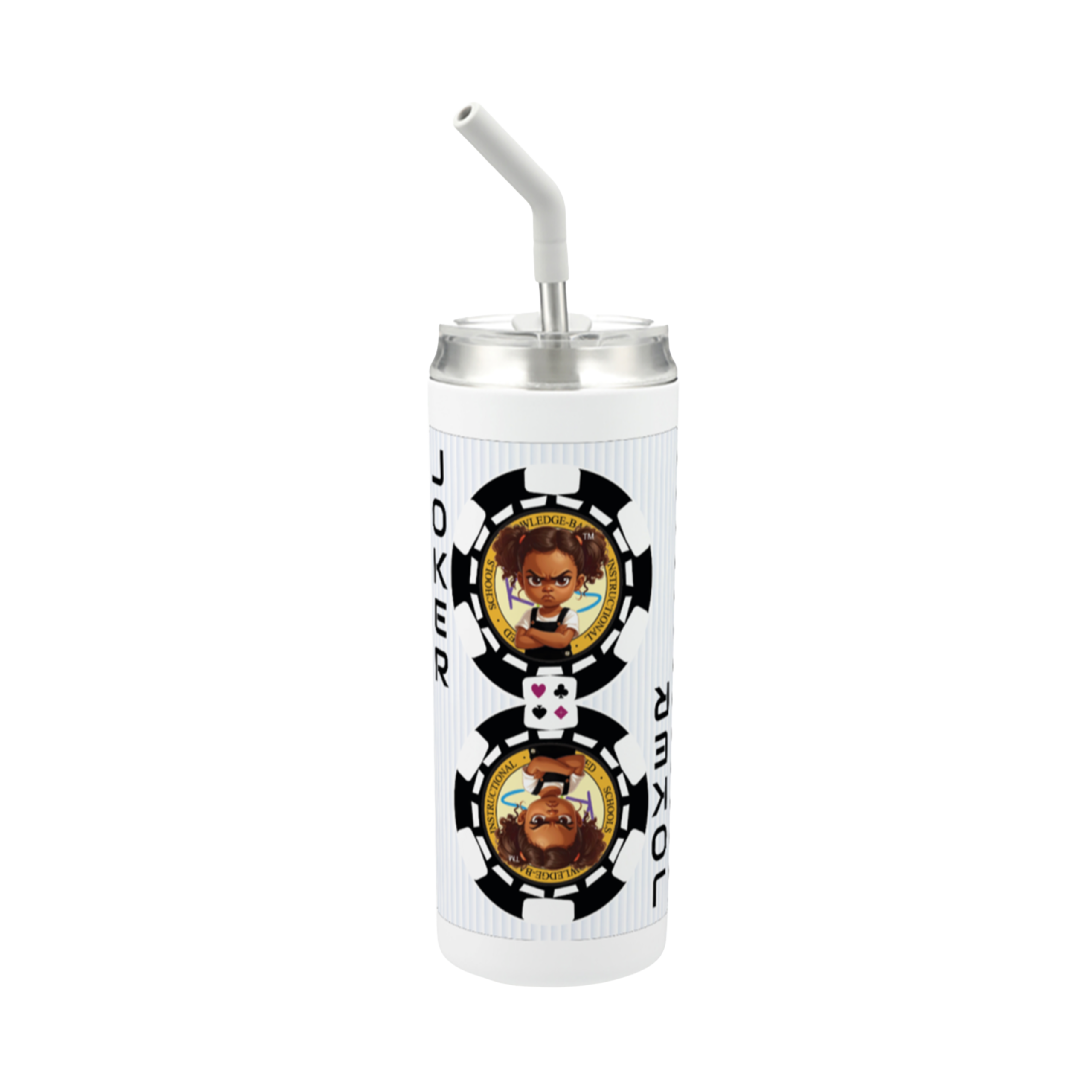 Hokkyoku Arashi™ 20 oz stainless steel tumbler with straw, front view featuring Hokkyoku Arashi™ SHENANIGANS' Black Joker direct UV print on powder coat finish. Copyright ©2026. Hokkyoku Arashi™ — All Rights Reserved. HokkyokuArashi.com