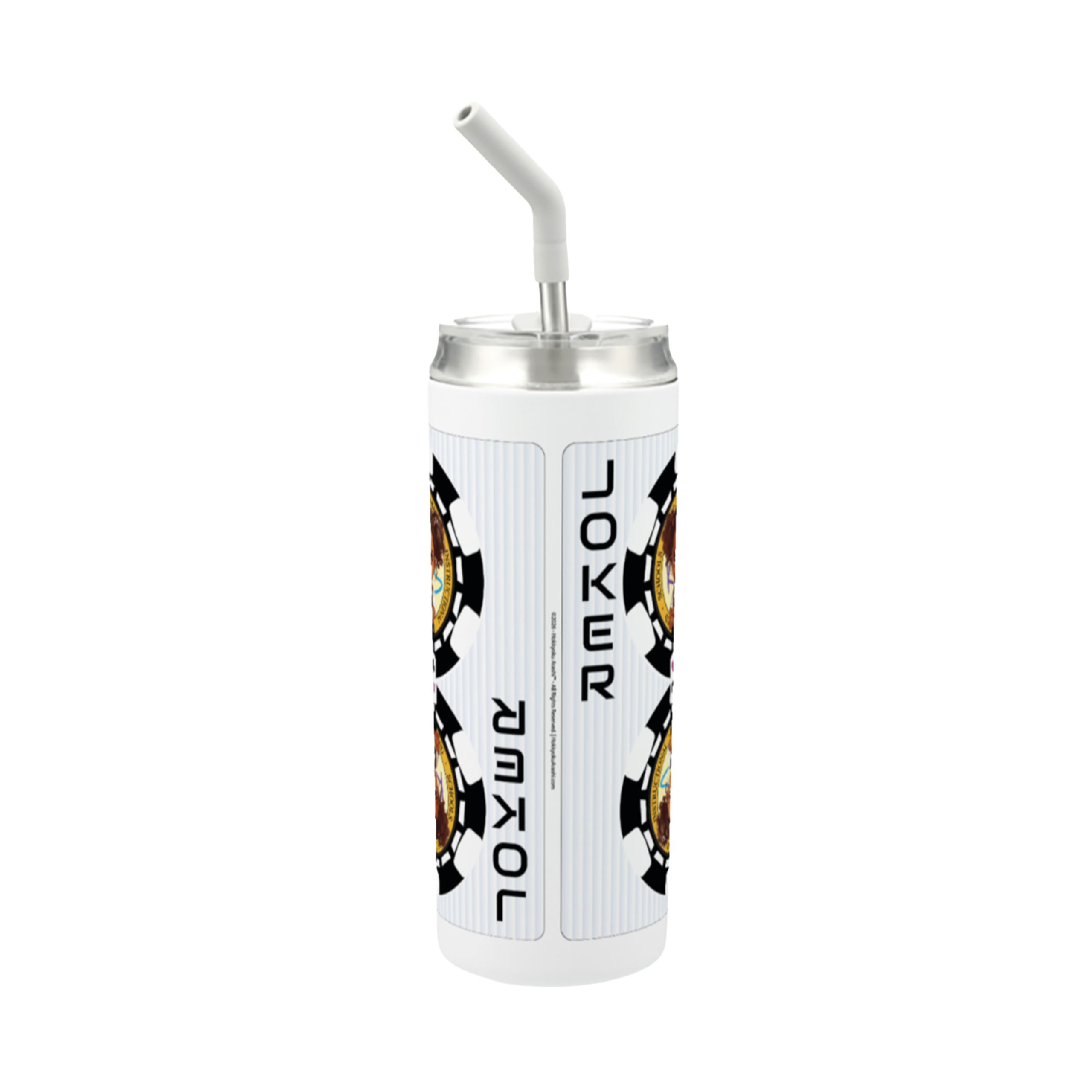 Hokkyoku Arashi™ 20 oz stainless steel tumbler with straw, side view featuring Hokkyoku Arashi™ SHENANIGANS' Black Joker direct UV print on powder coat finish. Copyright ©2026. Hokkyoku Arashi™ — All Rights Reserved. HokkyokuArashi.com