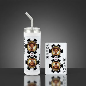 Hokkyoku Arashi™ Deck & Sip Bundle, BJ tumbler paired with Black Joker playing card, front view. Copyright ©2026. Hokkyoku Arashi™ — All Rights Reserved. HokkyokuArashi.com