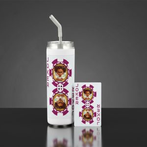 Hokkyoku Arashi™ Deck & Sip Bundle, RJ tumbler paired with Red Joker playing card, front view. Copyright ©2026. Hokkyoku Arashi™ — All Rights Reserved. HokkyokuArashi.com