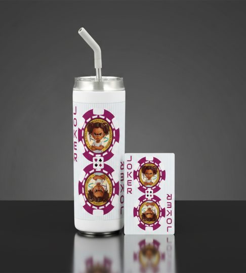 Hokkyoku Arashi™ Deck & Sip Bundle, RJ tumbler paired with Red Joker playing card, front view. Copyright ©2026. Hokkyoku Arashi™ — All Rights Reserved. HokkyokuArashi.com