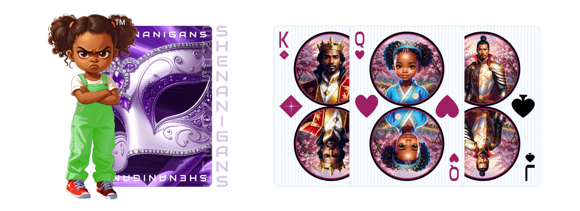 Hokkyoku Arashi™ SHENANIGANS Family Playing Cards & Game™ — Hokkyoku character in lime overalls standing beside the SHENANIGANS™ jeweled masquerade card design, alongside the King of Diamonds, Queen of Hearts, and Jack of Spades playing cards featuring original Hokkyoku Arashi™ character artwork of the Hokkyoku Aristocracy. Copyright ©2026. Hokkyoku Arashi™ — All Rights Reserved. HokkyokuArashi.com